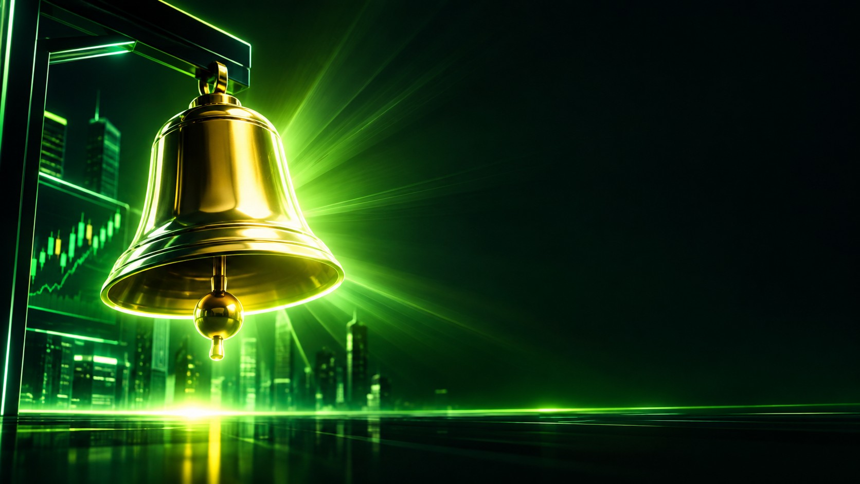 Golden bell with light rays at the moment of market open