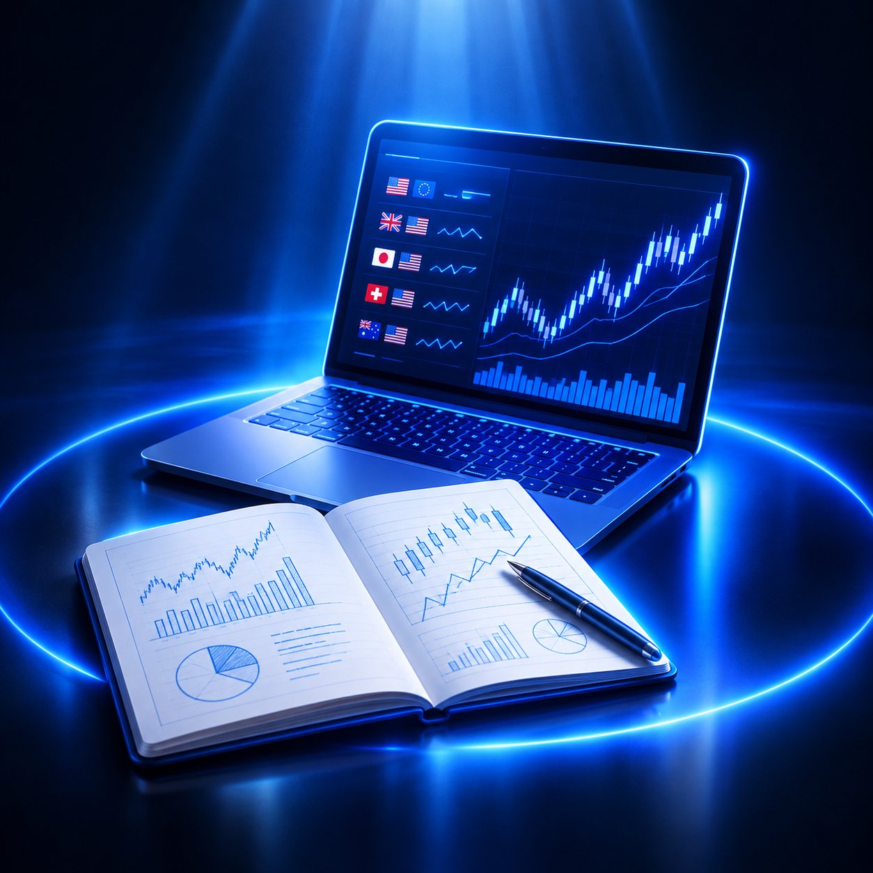 Open notebook with chart sketches beside a laptop showing currency pairs