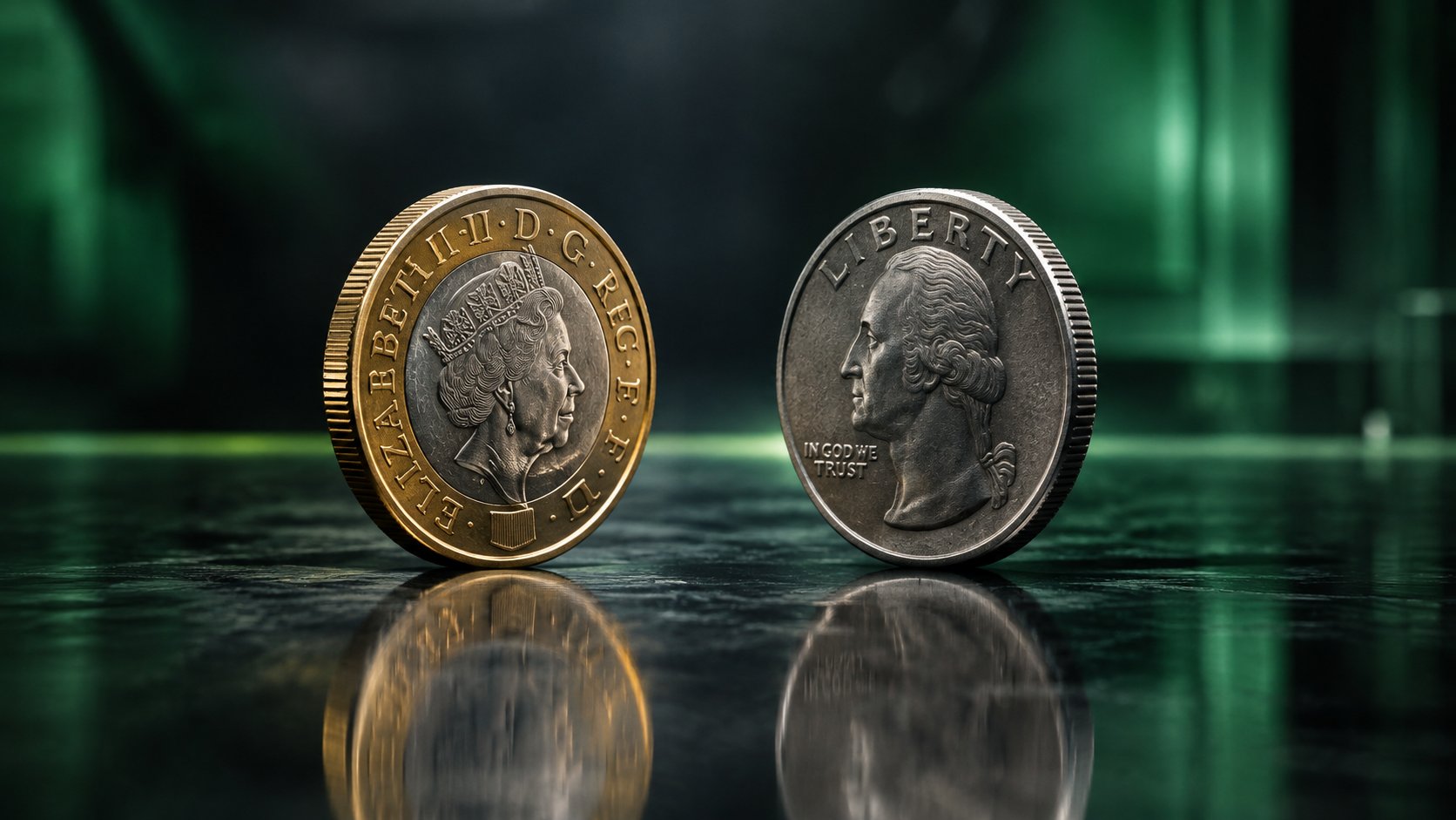 British pound coin and a us dollar coin facing each other on a reflective surface