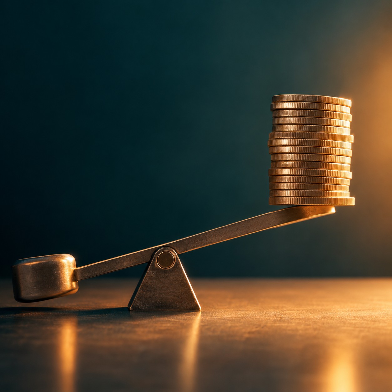 Precision lever lifting a stack of coins clean minimal composition